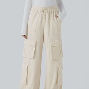 Halara Ribbed Mid-Rise Drawstring Cargo Wide Leg Lounge Casual Pants White Sz M